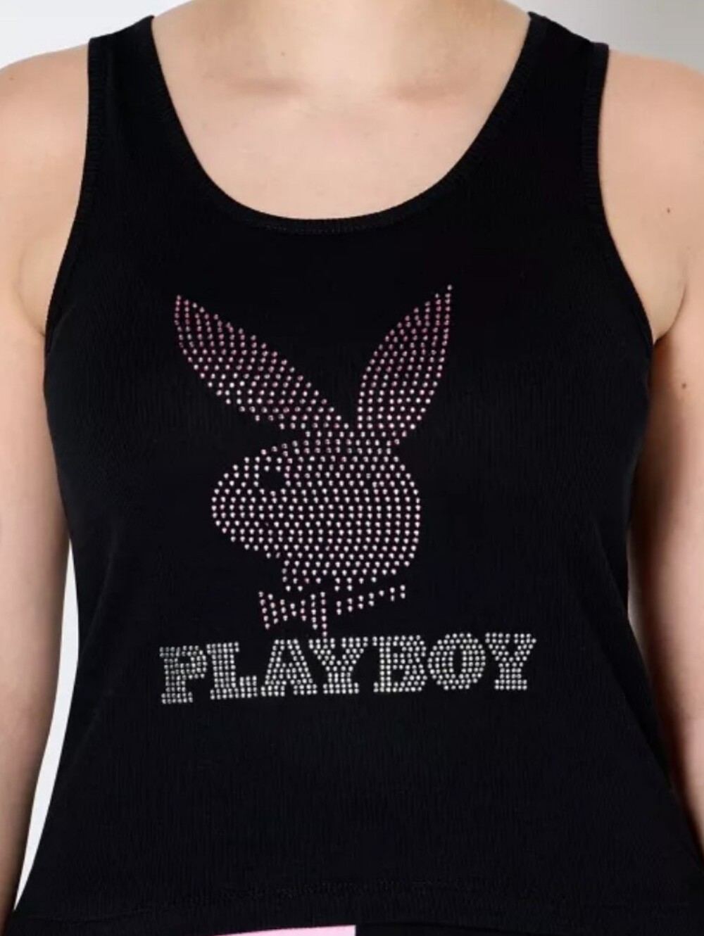 PLAYBOY Rhinestone Logo Bunny Ribbed Tank Top- Black